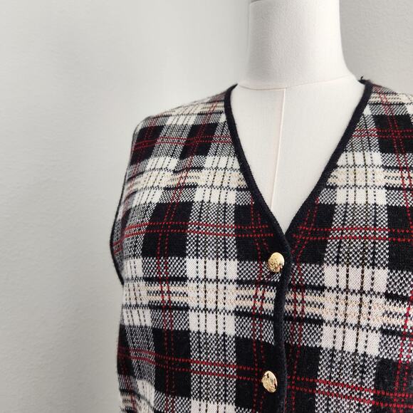 Vintage Rafaella Black Red White Plaid Button Sweater Vest Sleeveless Academia L - Picture 3 of 9